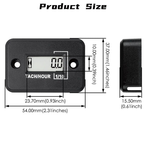 Self Powered Digital Tach Hour Meter With LCD Inductive Tachometer And Waterproof RPM Counter For Gas Engines Like Lawn Mowers, Motorcycles, Snowmobiles, Generators, 2 Stroke And 4 Stroke Equipment, 54mm size