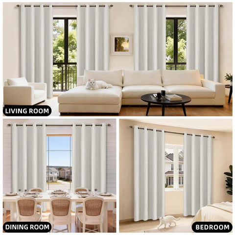 Living room, dining room, and bedroom with 100 Percent Blackout Curtains For Bedroom And Living Room Linen Textured Thermal Insulated Room Darkening Grommet Top Drapes 52 W X 72 L 2 Panels Set Blocks Light And UV Quiet Sleep For A Home Theater Vibe.