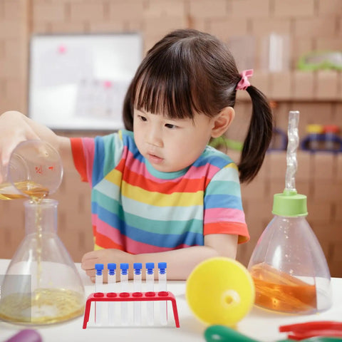 Child conducting experiment with Red Plastic Six Hole Test Tube Rack And Holder For Upright Tubes Burette Stand Secure Lab
