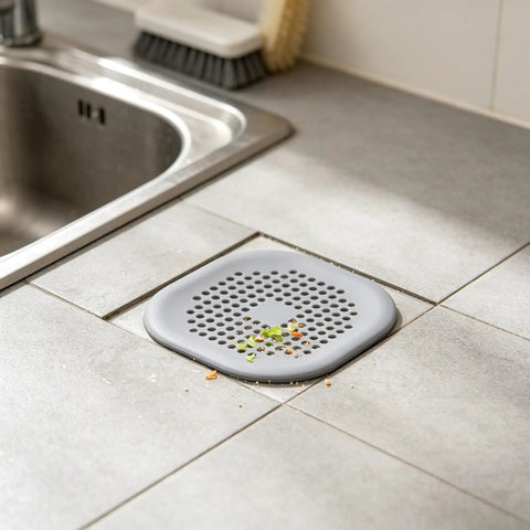 ACDANC 2 Pack Drain Cover Hair Catcher Pad, Silicone Tube Trap placed over kitchen sink, filtering food debris.
