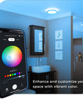 WiFi Smart Track Lighting Kit With Four 28W LED Fixtures, Matte Black, app-controlled color settings displayed on phone screen