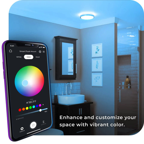 WiFi Smart Track Lighting Kit With Four 28W LED Fixtures, Matte Black, app-controlled color settings displayed on phone screen