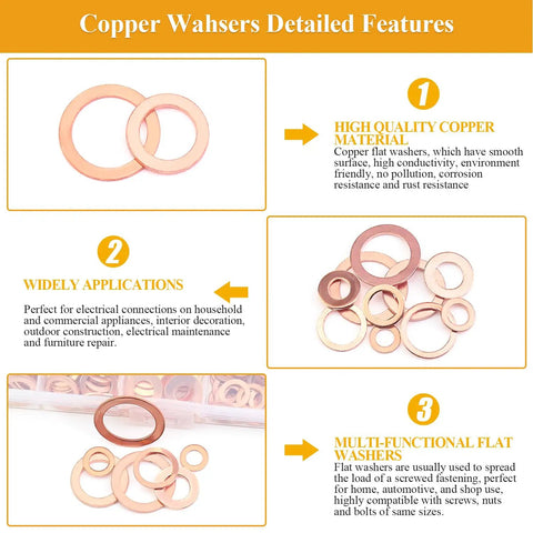 Copper Washers Kit 228-Piece Set Must-Have 10 Sizes M5 M6 M8 M10 M12 M14 M16 Flat And Sealing for hardware and plumbing