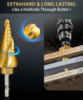 5-piece titanium step drill bit set in gold; dual spiral grooves; 3/16–1-3/8 in; metal/wood/plastic