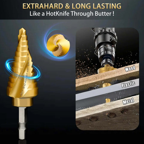 5-piece titanium step drill bit set in gold; dual spiral grooves; 3/16–1-3/8 in; metal/wood/plastic