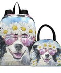 Border Collie Daisy Sunglass Backpack With Insulated Lunch Cooler Lightweight 15.6 Inch Laptop Daypack For Women And Men Built For Work Travel And All Day Everyday Adventures In Scratch Resistant Nylon featuring dog print with daisy sunglasses.