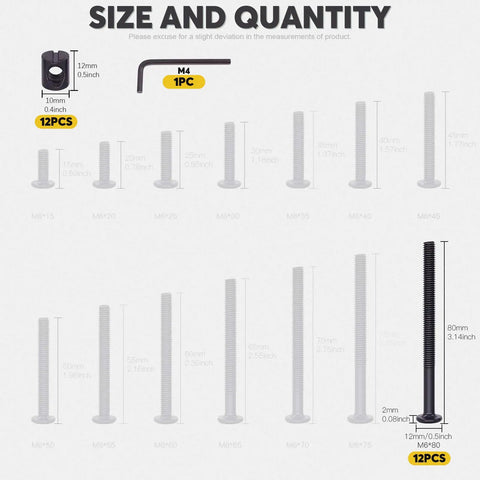 Rock Solid M6 X 80 Mm Hex Socket Cap Bolts With Barrel Nuts Knockout Grade Hardware Set detailed size chart for crib cot assembly.