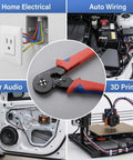 Wide Range Ferrule Crimping Tool For 23 To 7 AWG Wire Terminals With Four High Carbon Steel Dies Delivers Tight Square Crimps On 0.25 To 10 MM2 Terminals Great For Home DIY And Pro Electrical Work On The Job. used for home electrical, auto wiring, car audio, and 3D printer wiring