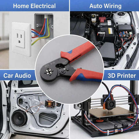 Wide Range Ferrule Crimping Tool For 23 To 7 AWG Wire Terminals With Four High Carbon Steel Dies Delivers Tight Square Crimps On 0.25 To 10 MM2 Terminals Great For Home DIY And Pro Electrical Work On The Job. used for home electrical, auto wiring, car audio, and 3D printer wiring