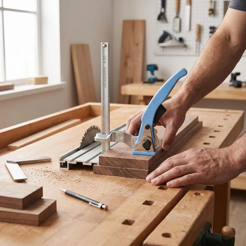 Person using Beast Bench Dog Clamps For MFT Tables with Quick Ratchet Mechanism on a wooden workbench, 25/32 inch dog holes.