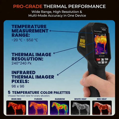 Handheld equine infrared thermal imaging camera with 240x240 display and horse heat map, used for body checks