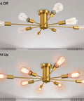 Sputnik Eight Light Gold Finish Semi Flush Mount Ceiling Light Fixture Brushed Metal Modern Chandelier, light off and on view