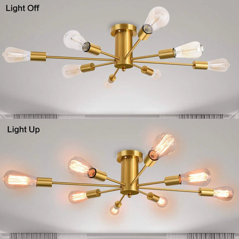 Sputnik Eight Light Gold Finish Semi Flush Mount Ceiling Light Fixture Brushed Metal Modern Chandelier, light off and on view