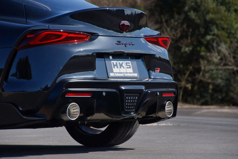 Urban Matte Muffler Mat For Toyota GR Supra DB42 Low Back Pressure Quiet Performance Exhaust shown on rear of car, 2 pack
