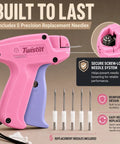 Handheld Stitch Gun For Clothes Featuring No Sew Hemming And Tagging With Six Strong Needles And Two Thousand Micro Fasteners making clothing repairs a breeze for any trend setter. Pink handheld stitch gun with 5 precision replacement needles.