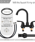 Two Handle Black Bathroom Faucet 4 Inch Centerset With Lift Rod Drain Stopper And Supply Hoses For RV Use 3 Hole Matte Black Vanity Faucet Easy Temperature Control And Tight Space Install with installation guide and accessories displayed.