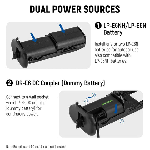 Dual power sources for Battery Grip Upgrade For BG R10 For Canon EOS R5 R5C R6 R6 Mark II Mirrorless Cameras Runs On LP E6 Series