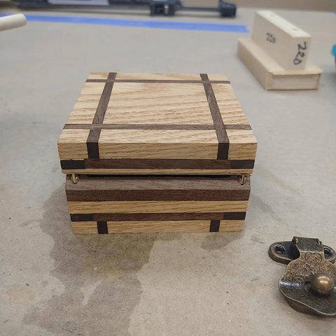 Craft jewelry box on workbench with 20 Pcs Brass Barrel Hinges Hidden Concealed Invisible for jewelry keepsake box installation.