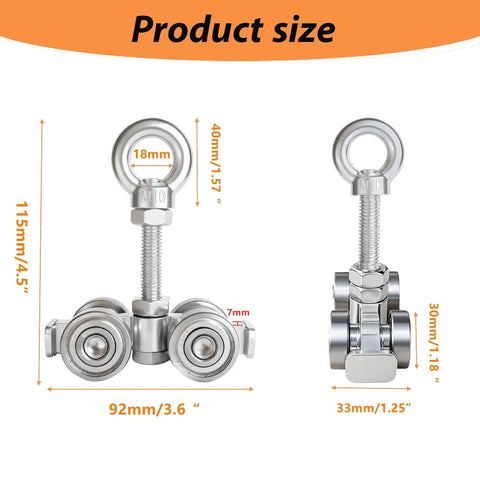 4-wheel silent trolley rollers for strut channel fits 1-5/8 inch wide and taller channels hidden bolt design product size details