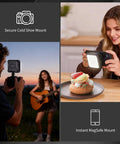 Magnetic LED Video Light For Content Creators, Portable Camera Lighting in use on camera and with smartphone, versatile mounts visible