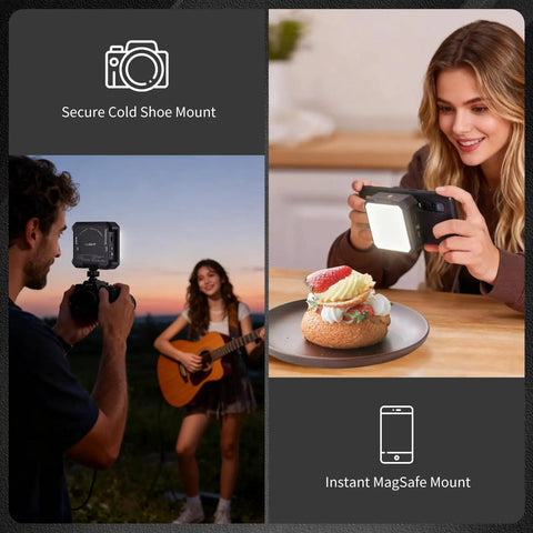 Magnetic LED Video Light For Content Creators, Portable Camera Lighting in use on camera and with smartphone, versatile mounts visible