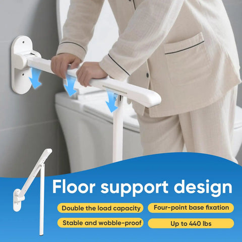 Premium 26 Inch Flip Up Toilet Grab Bar With Sturdy Support Leg And Glowing Night Strips For Non Slip Rock Solid Wall Mounted Bathroom Safety Gear. User demonstrating floor support design.