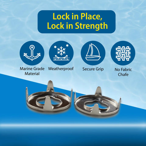 EZ-Xtend marine-grade twist fastener eyelet turn button for canvas with clinch plate and flex washer; two pieces shown