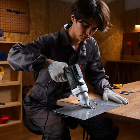 Person using Electric Metal Shear With 360 Degree Swivel Head, 4.0 Amp Corded Sheet Metal Cutter on a steel sheet.