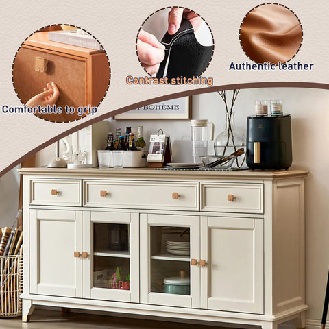Two Pack Hand Stitch Brown Leather Cabinet Pulls 5 Inch Drawer Handles for cabinets in a light-colored dresser setup with features highlighted.