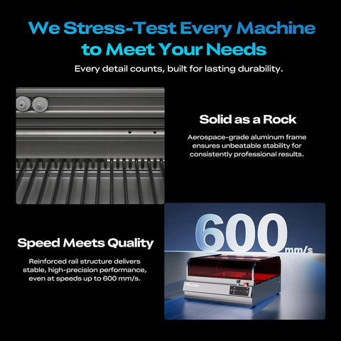 Falcon2 Pro S 22W Laser Engraver With Z Axis Auto Focus, speed up to 600mm/s, showing reinforced rail and aluminum frame details.