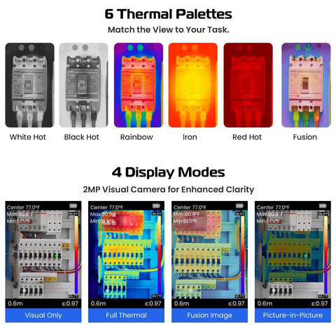 Thermal imaging display showcasing 6 color palettes and 4 modes with a Handheld Infrared Thermal Imaging Camera With 240x240 Sensor And Dual Light Fusion, 25Hz Scan, Smart Modes, A Real Workhorse For Water Leaks, HVAC And Electrical Inspections From -4 F To 1022 F.