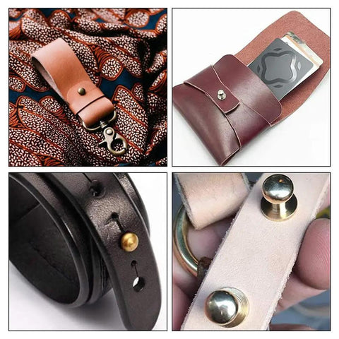 Pro-Level Gear 64 Set Metal Button Studs With Screwback Design In 4 Sick Colors Including Antique Bronze Gunmetal Platinum And Gold For Serious Diy Projects Jewelry Making Leather Work Heavy Duty Steel Hardware That Hits Different, showcasing leather straps and wallet with studs.