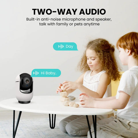 Children playing with blocks next to 1080P Indoor Security Cam With 64GB SD Card, Two Way Audio, Baby Monitor and Pet Surveillance
