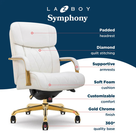 Symphony Ergonomic Bonded Leather Swivel Executive Chair With Generous Lumbar Support, White And Gold Upholstery features
