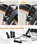 Before and after using Universal Bike Brake Cable Kit And Housing Replacement Set with aluminum cable cap ends on bike frame.