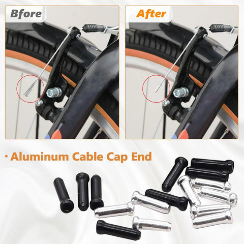 Before and after using Universal Bike Brake Cable Kit And Housing Replacement Set with aluminum cable cap ends on bike frame.
