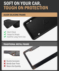 Comparison of Heavy Duty Silicone License Plate Frame Set in Matte Black and traditional metal frame showing rust resistance.