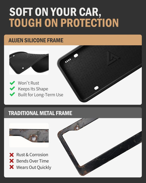 Comparison of Heavy Duty Silicone License Plate Frame Set in Matte Black and traditional metal frame showing rust resistance.