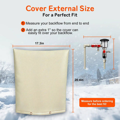 Diagram showing a Backflow Preventer Cover With 5F Freeze Protection, 5 Layer Insulated And Waterproof Sprinkler Valve Pouch, 16x20 Inches.