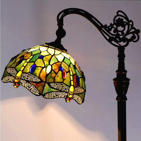 Stained Glass Tiffany Floor Lamp With Amber Dragonfly Shade Arching Gooseneck Adjustable Reading Light 66 Inch Tall Bronze Base