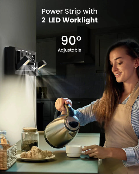 Heavy Duty 11 In 1 Power Strip With 8 Outlets And 3 USB Ports, 2 worklights in kitchen scene, woman pouring tea