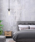 Bedroom with Three Pack Dope Industrial Transparent Pendant Lights With Large Cylindrical Glass Shades And Clear Finish Adjustable Nylon Core