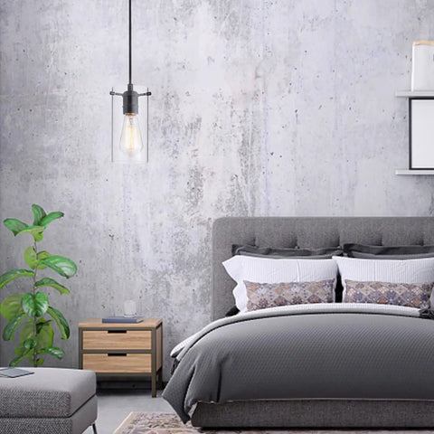 Bedroom with Three Pack Dope Industrial Transparent Pendant Lights With Large Cylindrical Glass Shades And Clear Finish Adjustable Nylon Core