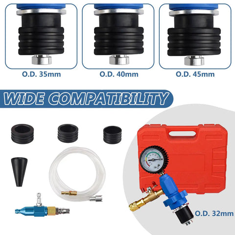 Coolant Vacuum Refill Kit with Universal 32mm Rubber Adapters Including 45mm 40mm 35mm Sleeves for Radiator Purge and Antifreeze Top Off Works Sweet on Every Rig No Mess Easy Setup Bleeds System Fast showing universal adapters and tools.