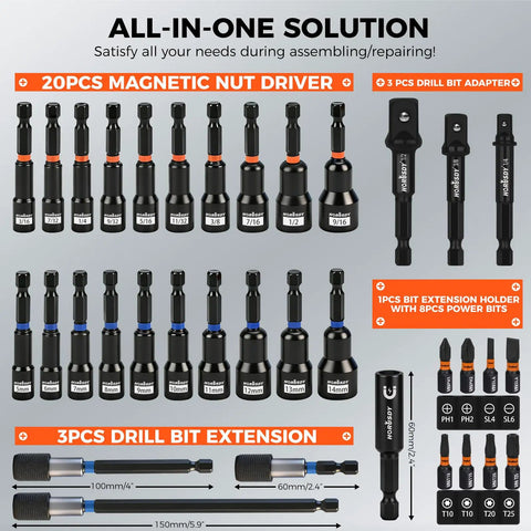 35 Piece Magnetic Nut Driver Set With One Quarter Inch Hex Shank Quick Release Extensions And Impact Socket Adapters layout