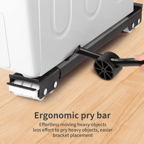 Ergonomic pry bar with Expandable Appliance Roller Dolly For Washer And Dryer With Heavy Duty 661 Lb Capacity on wooden floor