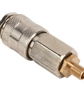 Close-up of a metal tire inflator connector from the 5 Pcs Universal Tire Inflator Adapter And Air Compressor Quick Swap Connector Set.