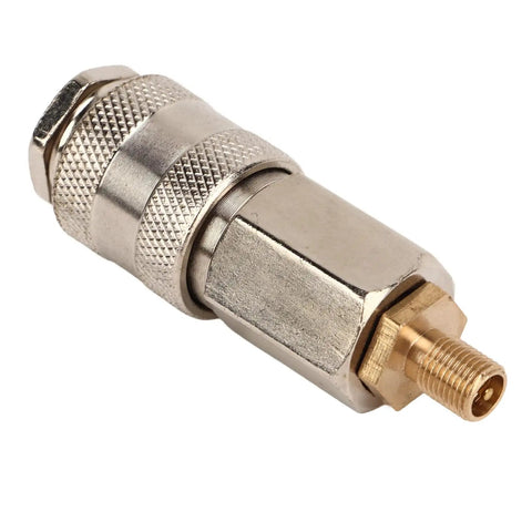 Close-up of a metal tire inflator connector from the 5 Pcs Universal Tire Inflator Adapter And Air Compressor Quick Swap Connector Set.