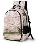 Soft Pink Sakura Spring Scene Printed Unisex Backpack side view with cherry blossom design, large capacity, durable polyester material