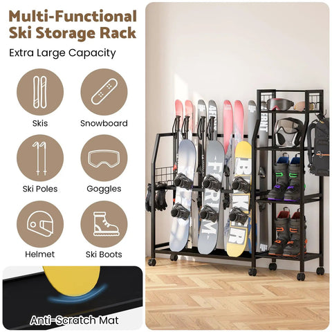 Total Game Changer For Your Ride This Freestanding Ski And Snowboard Stand Boasts Adjustable Shelving For Helmets Boots Gloves And More Super Sturdy Frame With Anti Slip Pads Holds All Your Winter Toys In One Spot showcasing black multi-functional rack with holds for skis, snowboard, and gear.